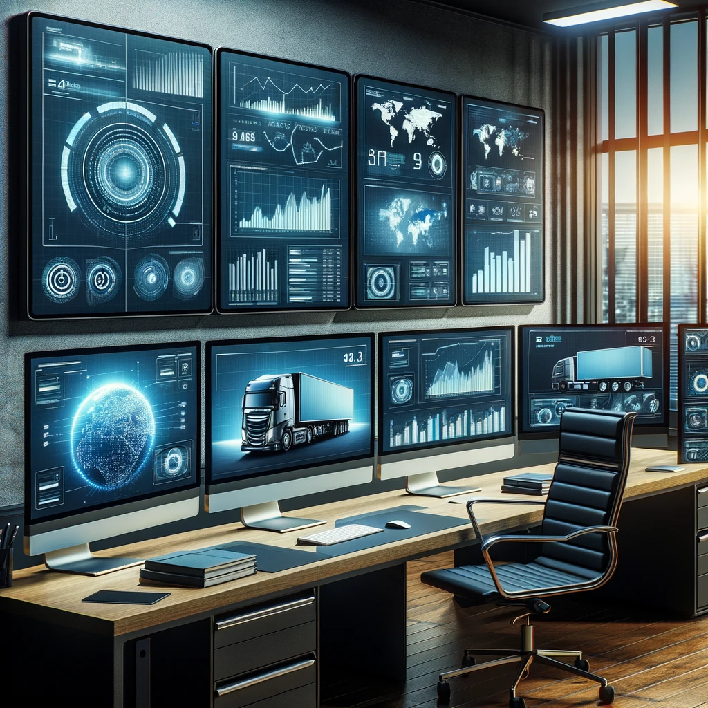 Advanced truck reporting software displayed on multiple monitors in a professional logistics management office, highlighting real-time data analysis, transportation analytics, and efficient workflow for the trucking industry.