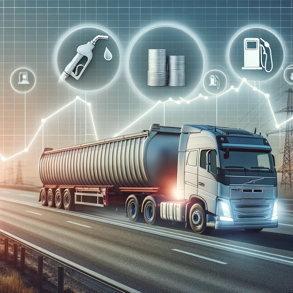 Infographic explaining fuel surcharge in bulk commodity hauling, featuring a fuel pump, a fluctuating fuel price graph, a truck carrying bulk commodities, and explanatory text sections detailing the concept.